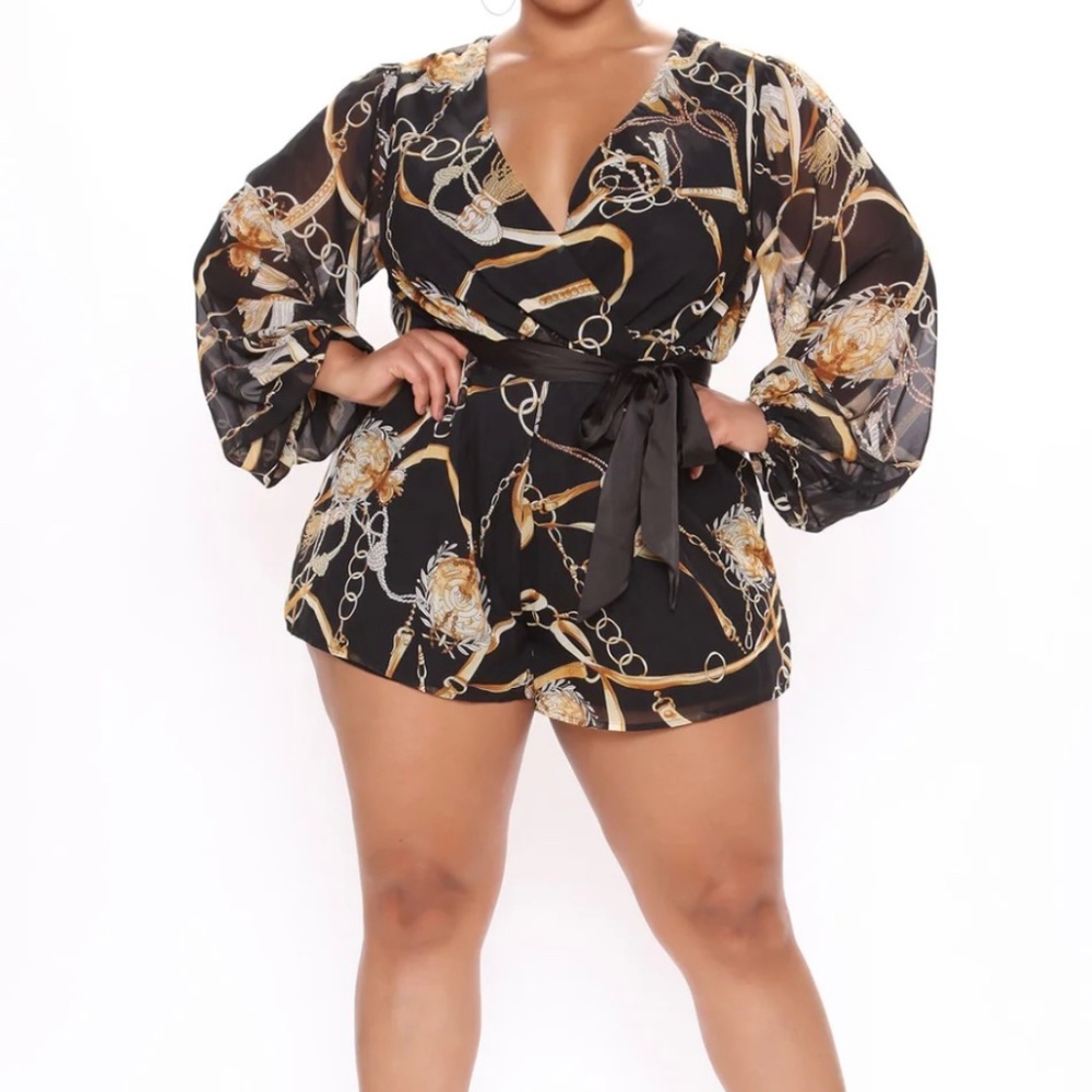 Fashion Nova Black & Gold Chain-Print Satin Romper